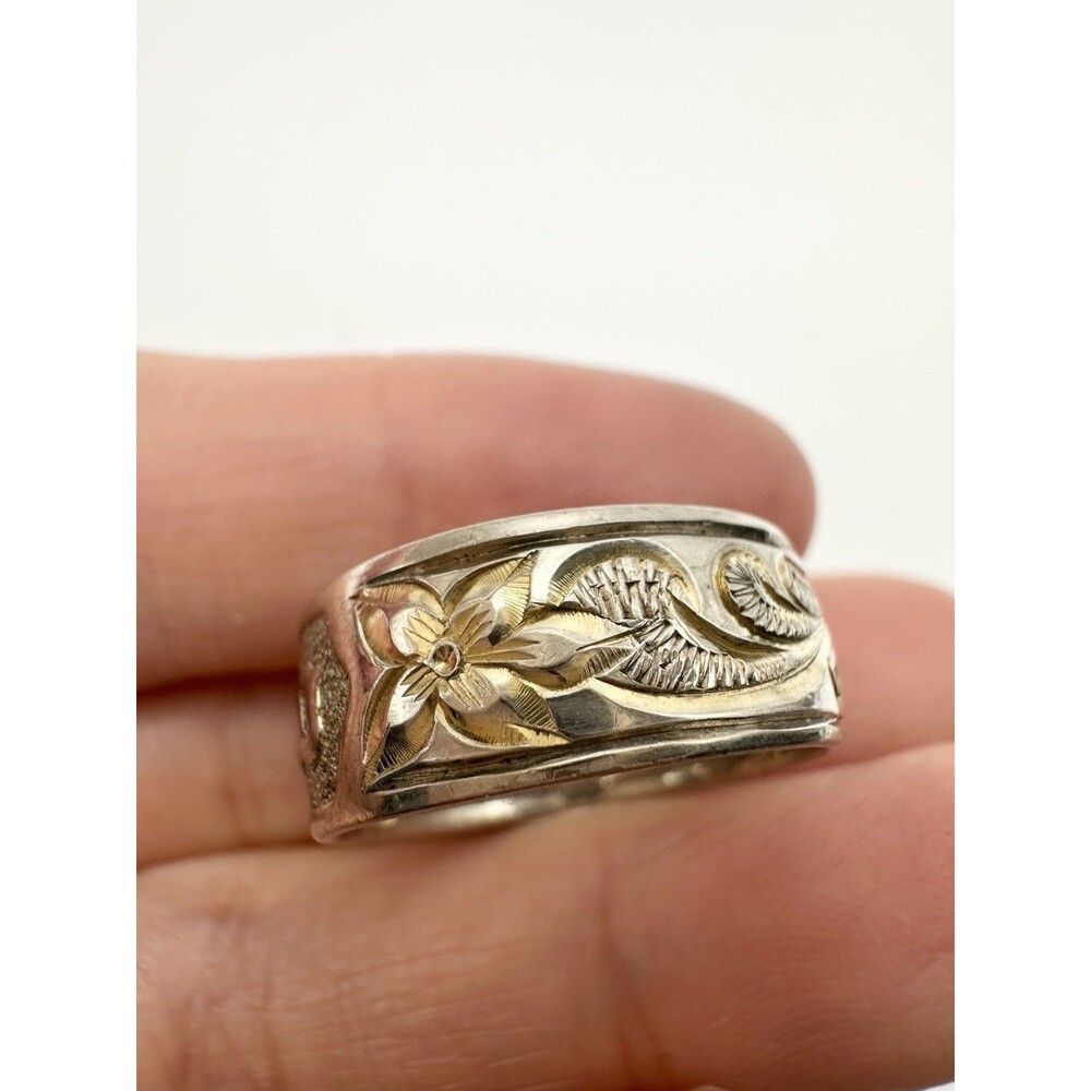 Sterling Silver Two Tone Gold Hawaiian Plumeria Band Ring Size 7.5